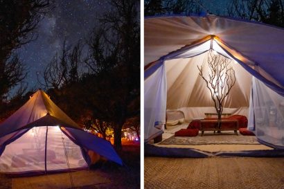 Image of glamping tent at night