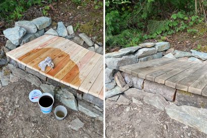 low bench made from rock and wood